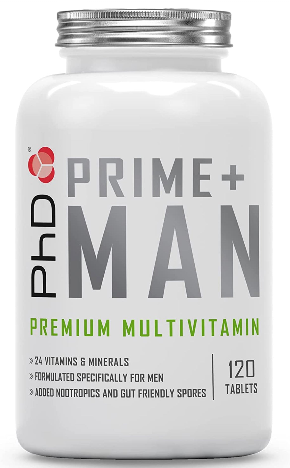 PhD Nutrition | Prime Man | 24 Vitamins & Minerals, Nootropics & Gut-Friendly Spores | Unique Formulation for Men | Male Health, Fitness & Cognitive Function | 120 Vegan Tablets (60 Day Supply)