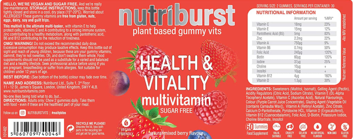 180 (pack of 3) gummy’s NUTRIBURST Multivitamins Health & Vitality Gummy, with Vitamin C B5 B6 B12 & D, Gummies