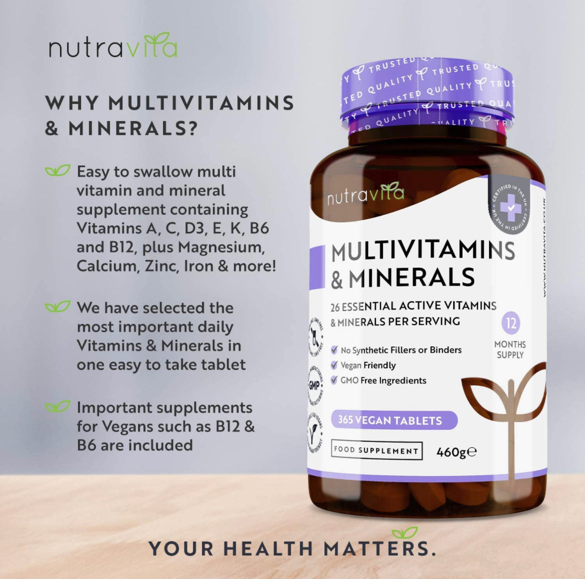 Nutravita Multivitamins & Minerals Tablets, with 26 Essential Active Vitamins, 365 Tablets, Vegan - 1 Year Supply, for Men and Women - Made in The UK