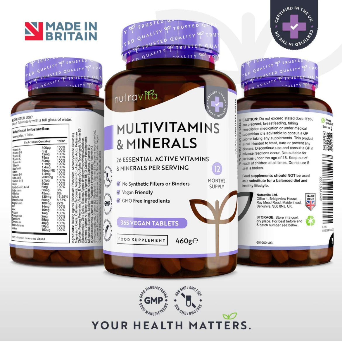 Nutravita Multivitamins & Minerals Tablets, with 26 Essential Active Vitamins, 365 Tablets, Vegan - 1 Year Supply, for Men and Women - Made in The UK