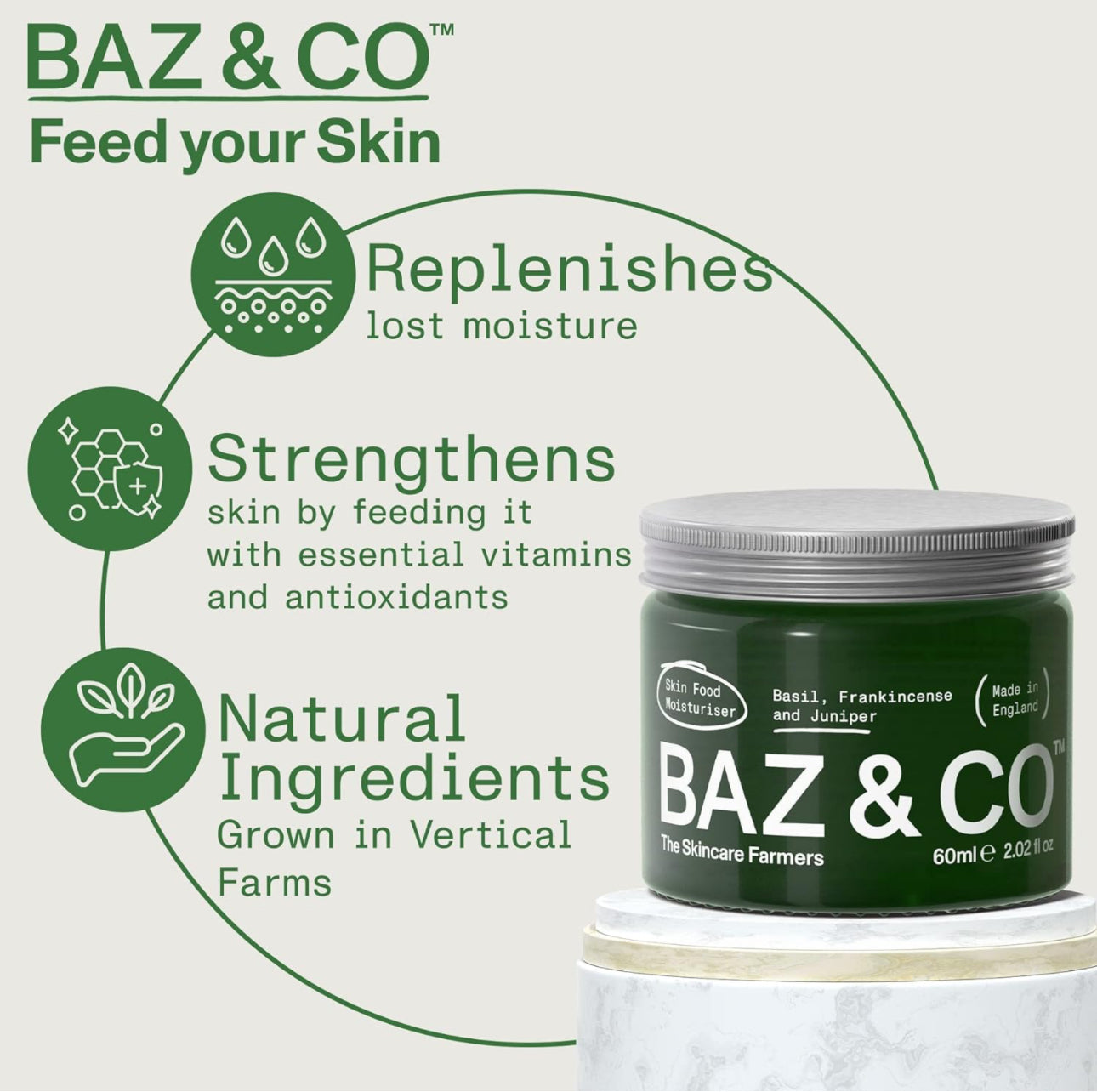 BAZ & CO Skin Food Moisturiser Face Cream for Men 50ml with Basil