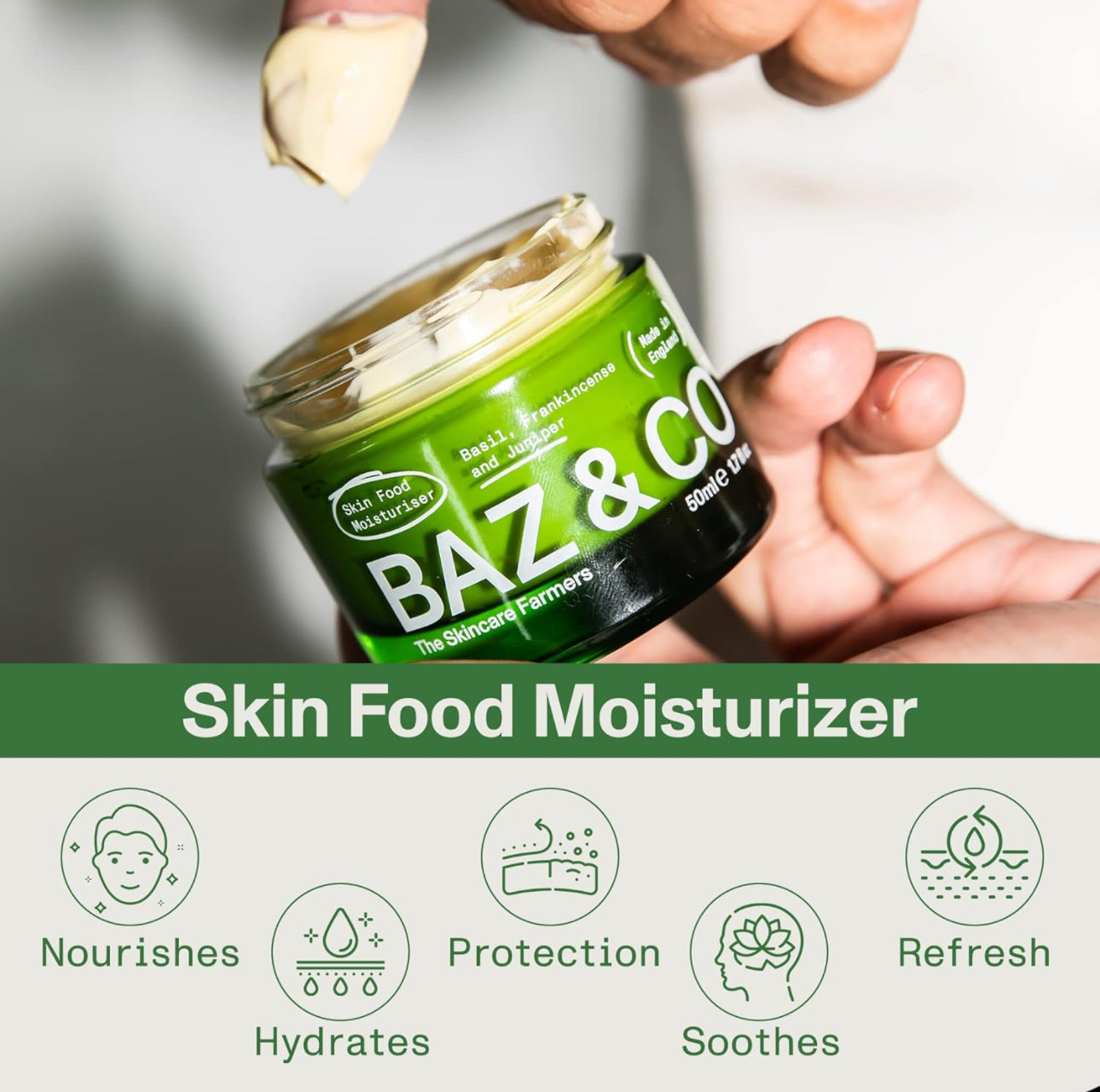 BAZ & CO Skin Food Moisturiser Face Cream for Men 50ml with Basil