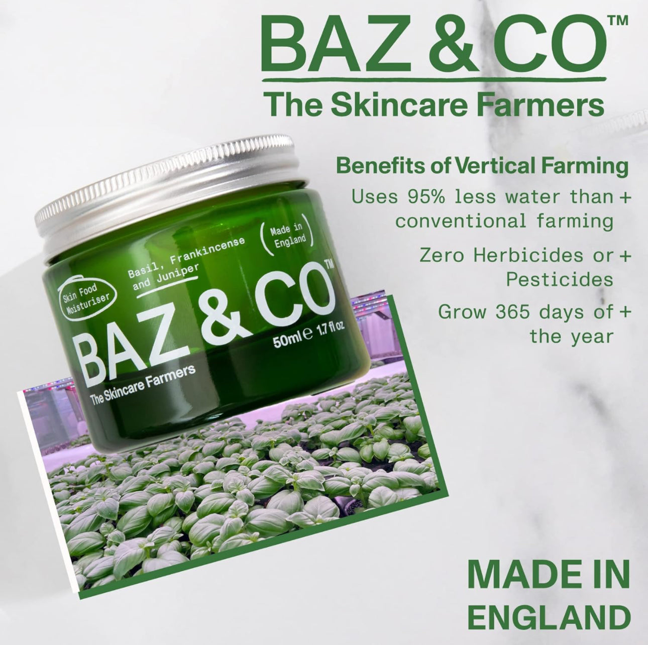 BAZ & CO Skin Food Moisturiser Face Cream for Men 50ml with Basil