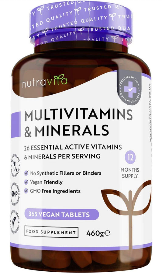 Nutravita Multivitamins & Minerals Tablets, with 26 Essential Active Vitamins, 365 Tablets, Vegan - 1 Year Supply, for Men and Women - Made in The UK