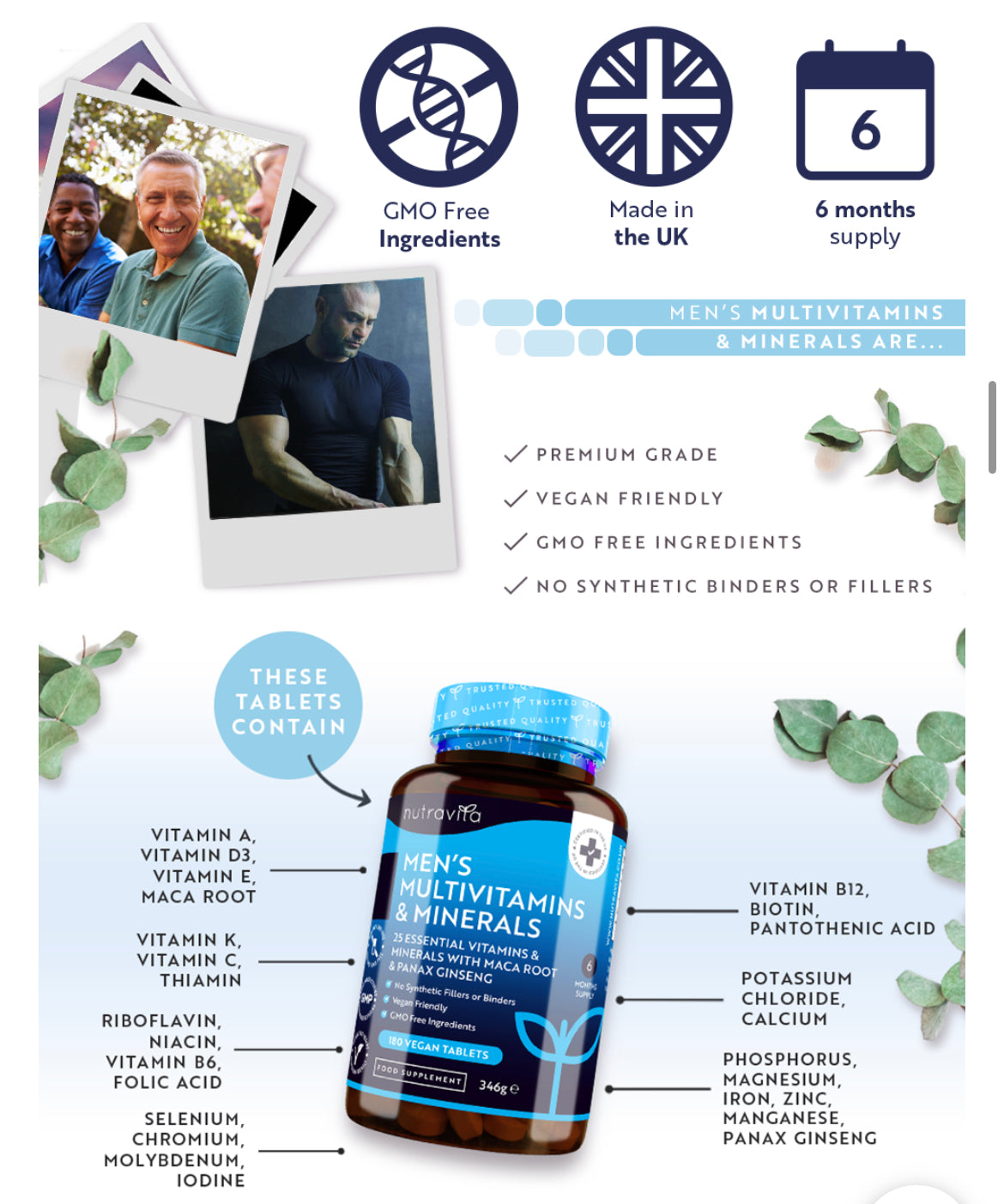 180 tablet package Men's Multivitamins and Minerals - 25 Essential Active Vitamins and Minerals with Added Maca Root and Panax Ginseng