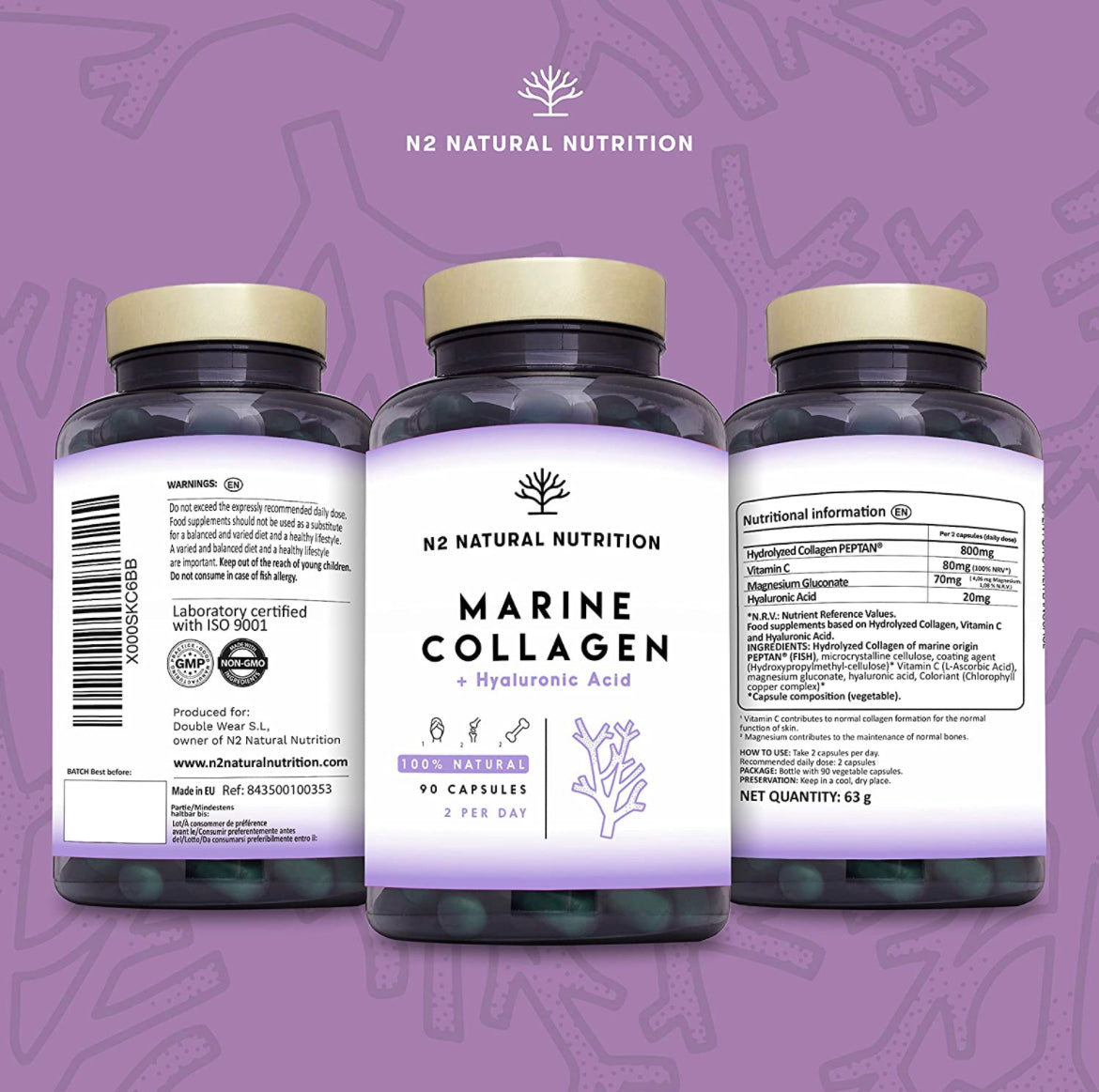 90 capsules Marine Collagen with Hyaluronic Acid for Skin Care, Hair Care, Joints. Magnesium, Vitamin C. Hydrolysed Collagen Supplements